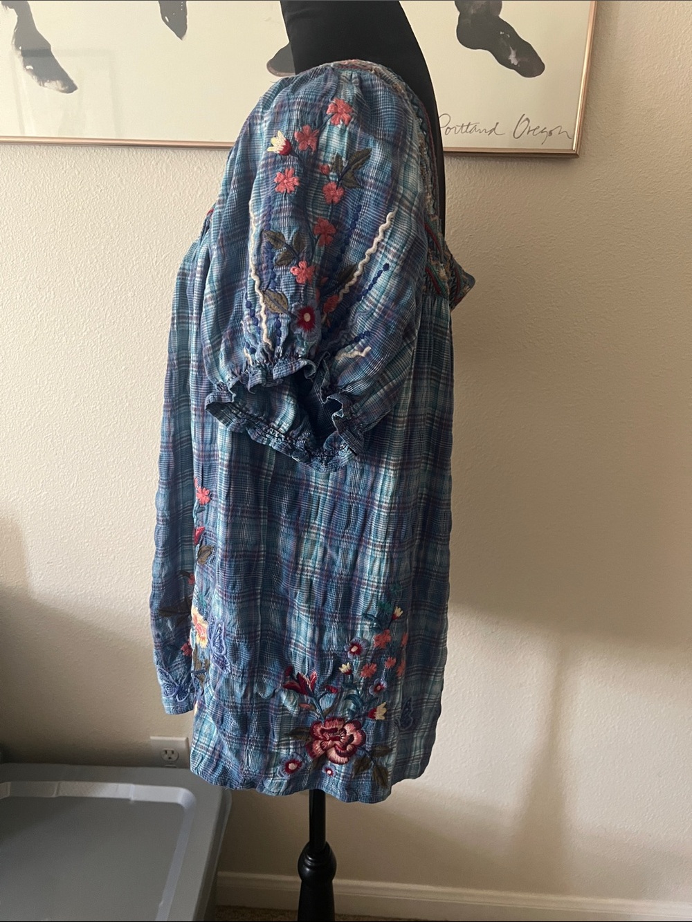 JOHNNY WAS Blue Plaid Embroidered Aimee Puff Sleeve Peasant Top Women's LARGE - Picture 5 of 8